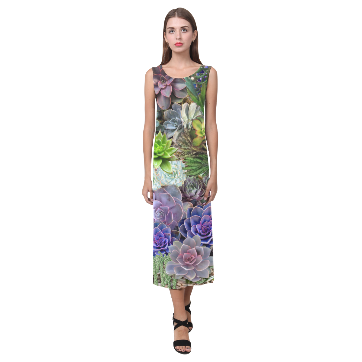 Succulent gardens Phaedra Sleeveless Open Fork Long Dress (Model D08)