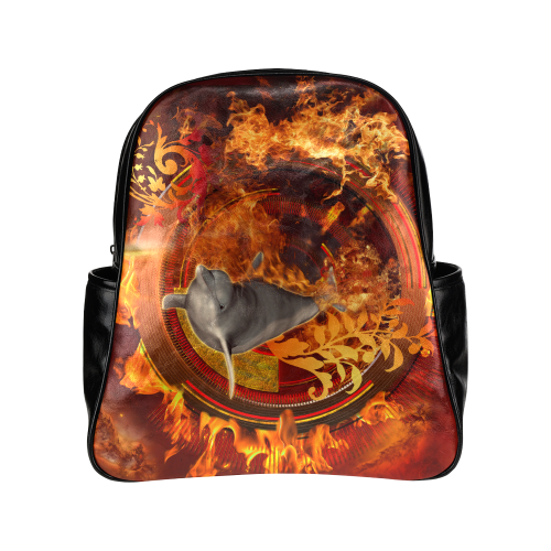 Funny dolphin jumping by a fire circle Multi-Pockets Backpack (Model 1636)