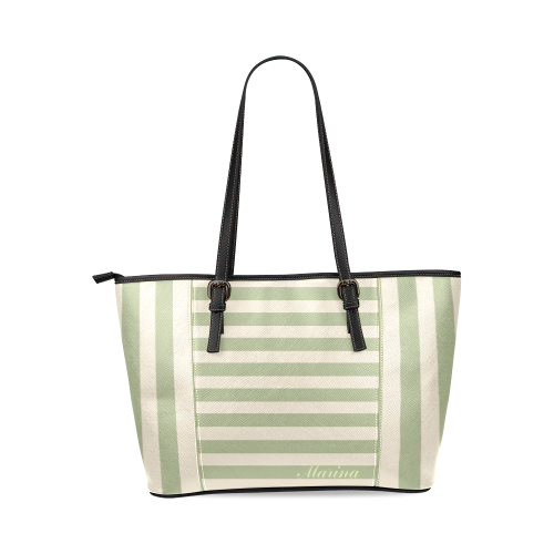 Stripes in Sage and Tan with Name Leather Tote Bag/Small (Model 1640)