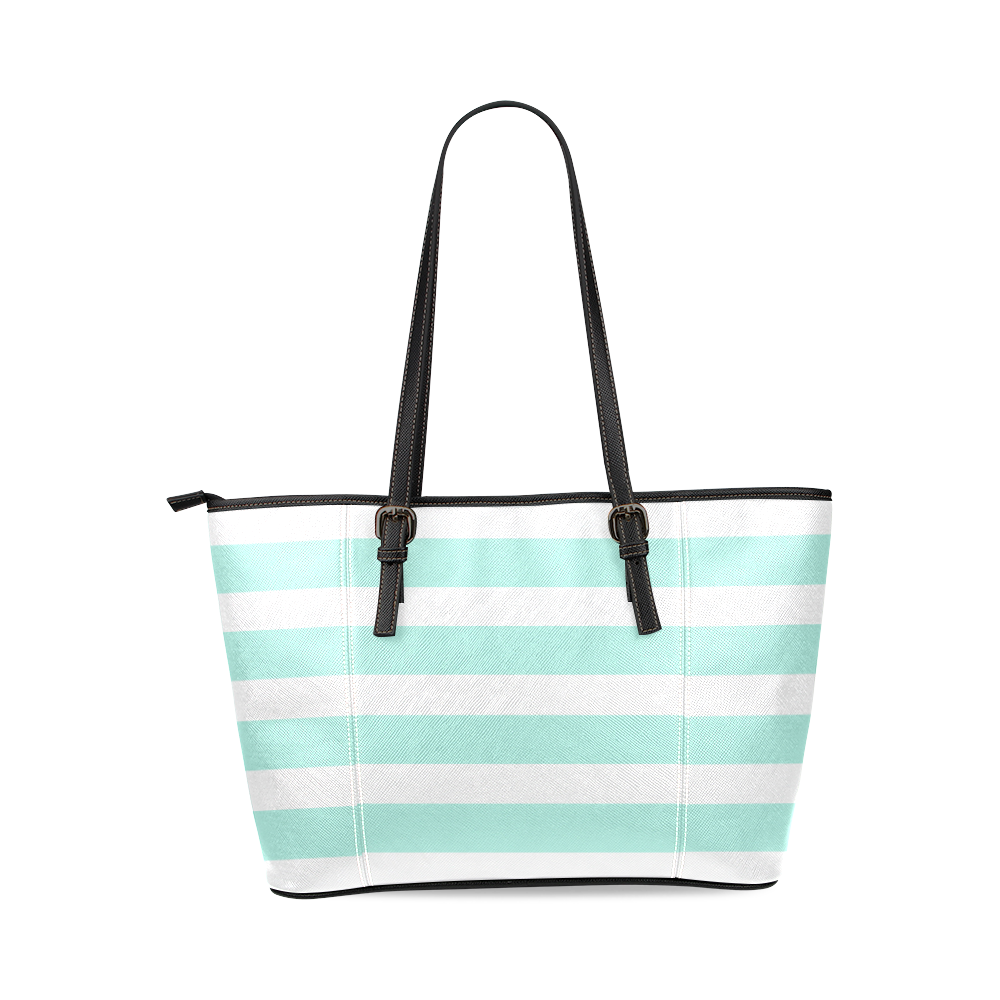 White and Mint stripes Leather Tote Bag/Small (Model 1640)