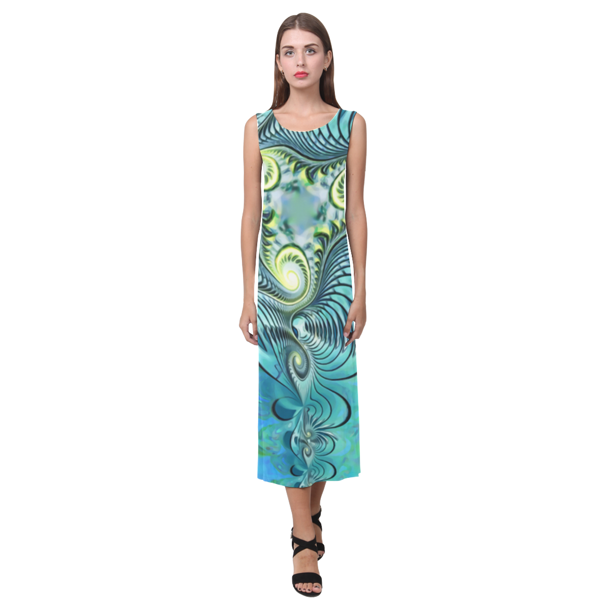 Triptychon Fractal Swirls - Cyan Black Phaedra Sleeveless Open Fork Long Dress (Model D08)