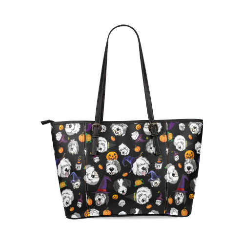 Halloween dogs Black Leather Tote Bag/Large (Model 1640)