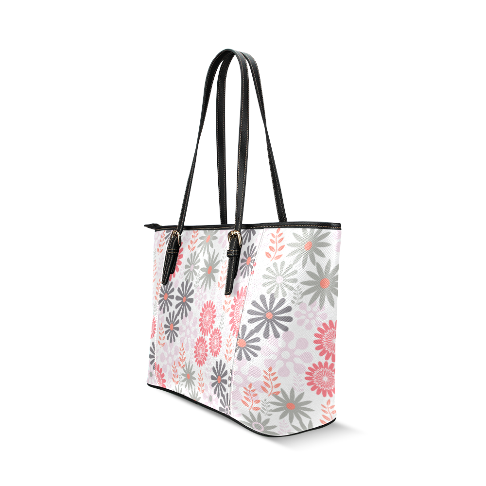 Floral pattern in Grey and Coral Red Leather Tote Bag/Small (Model 1640)
