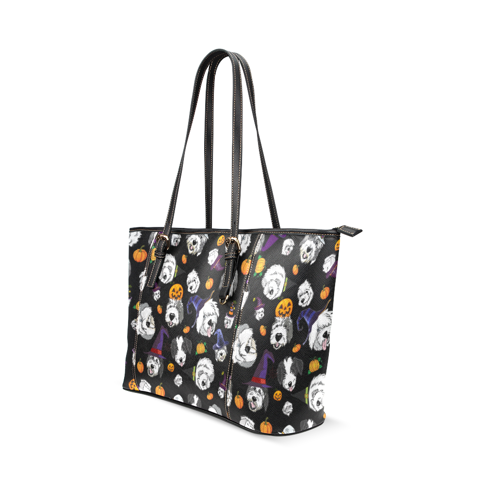 Halloween dogs Black Leather Tote Bag/Large (Model 1640)