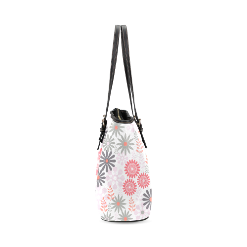 Floral pattern in Grey and Coral Red Leather Tote Bag/Small (Model 1640)