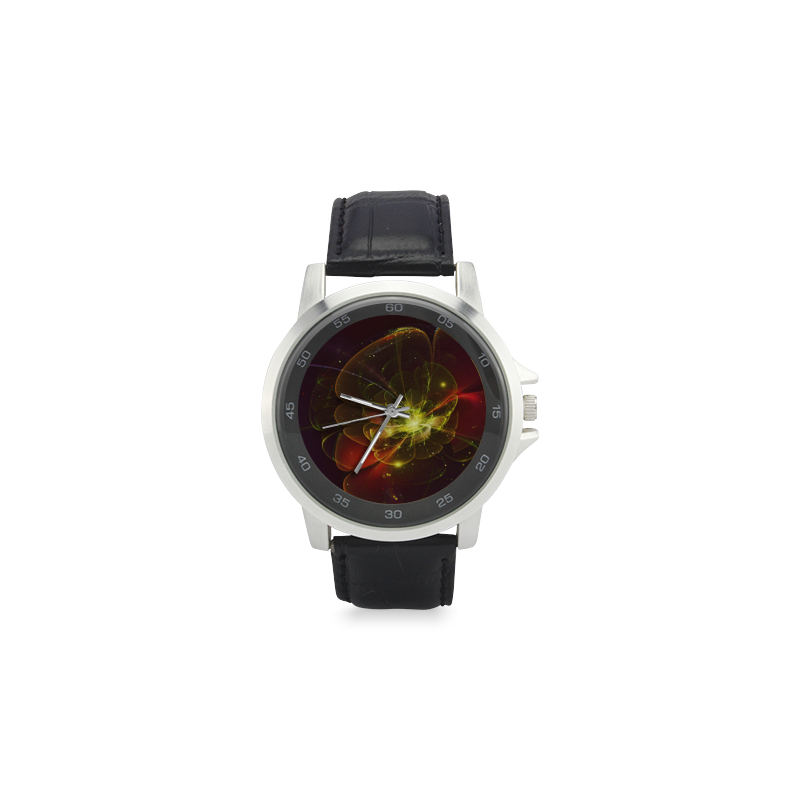 A  wonderful abstract fractal red yellow blossom Unisex Stainless Steel Leather Strap Watch(Model 202)