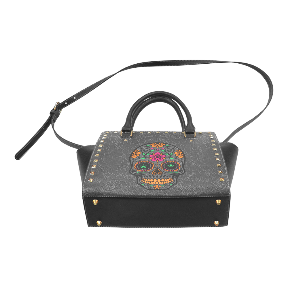 Colorful floral sugar skull Rivet Shoulder Handbag (Model 1645)