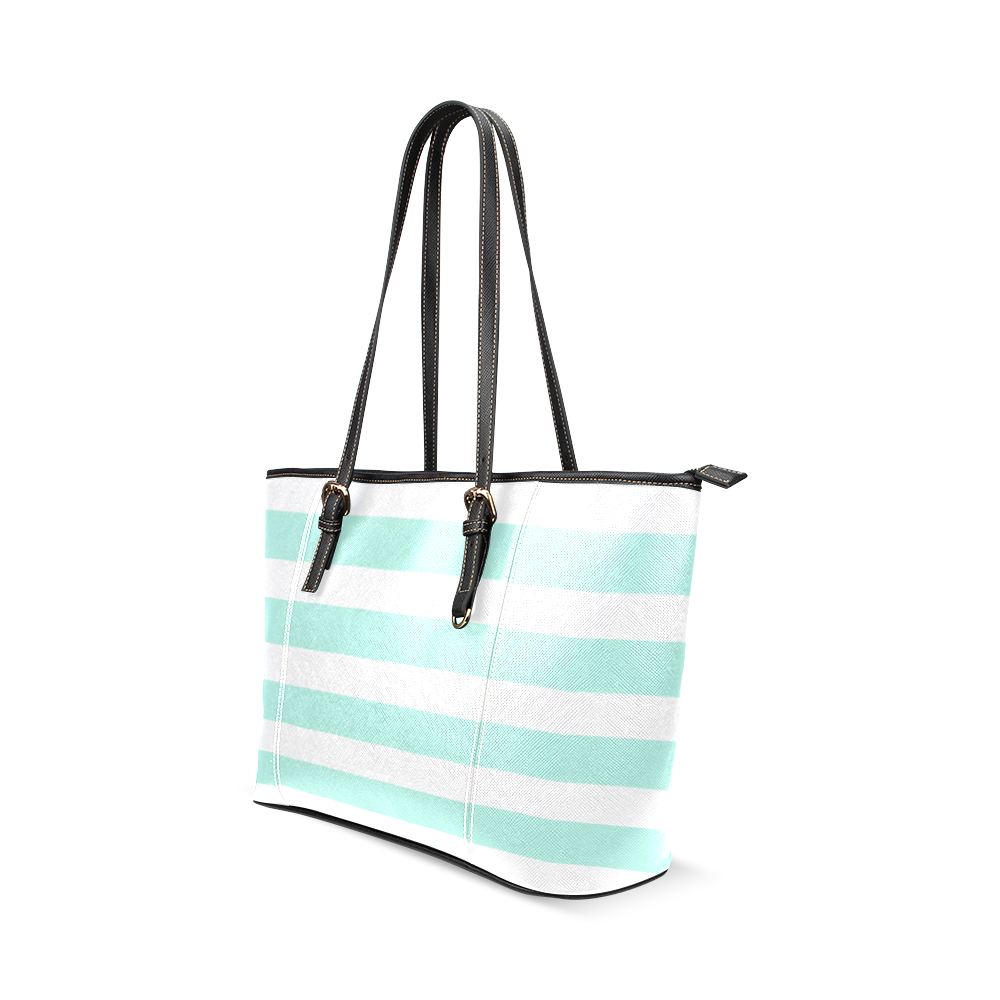 White and Mint stripes Leather Tote Bag/Small (Model 1640)