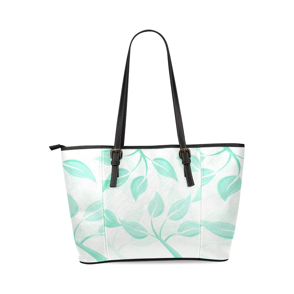 Green leaves on branches with Name Leather Tote Bag/Small (Model 1640)