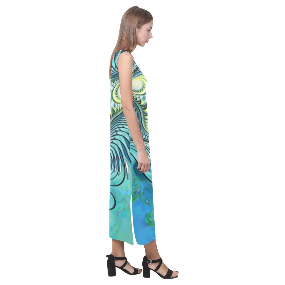 Triptychon Fractal Swirls - Cyan Black Phaedra Sleeveless Open Fork Long Dress (Model D08)