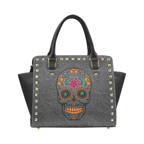 Colorful floral sugar skull Rivet Shoulder Handbag (Model 1645)
