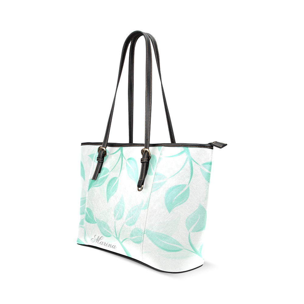 Green leaves on branches with Name Leather Tote Bag/Small (Model 1640)