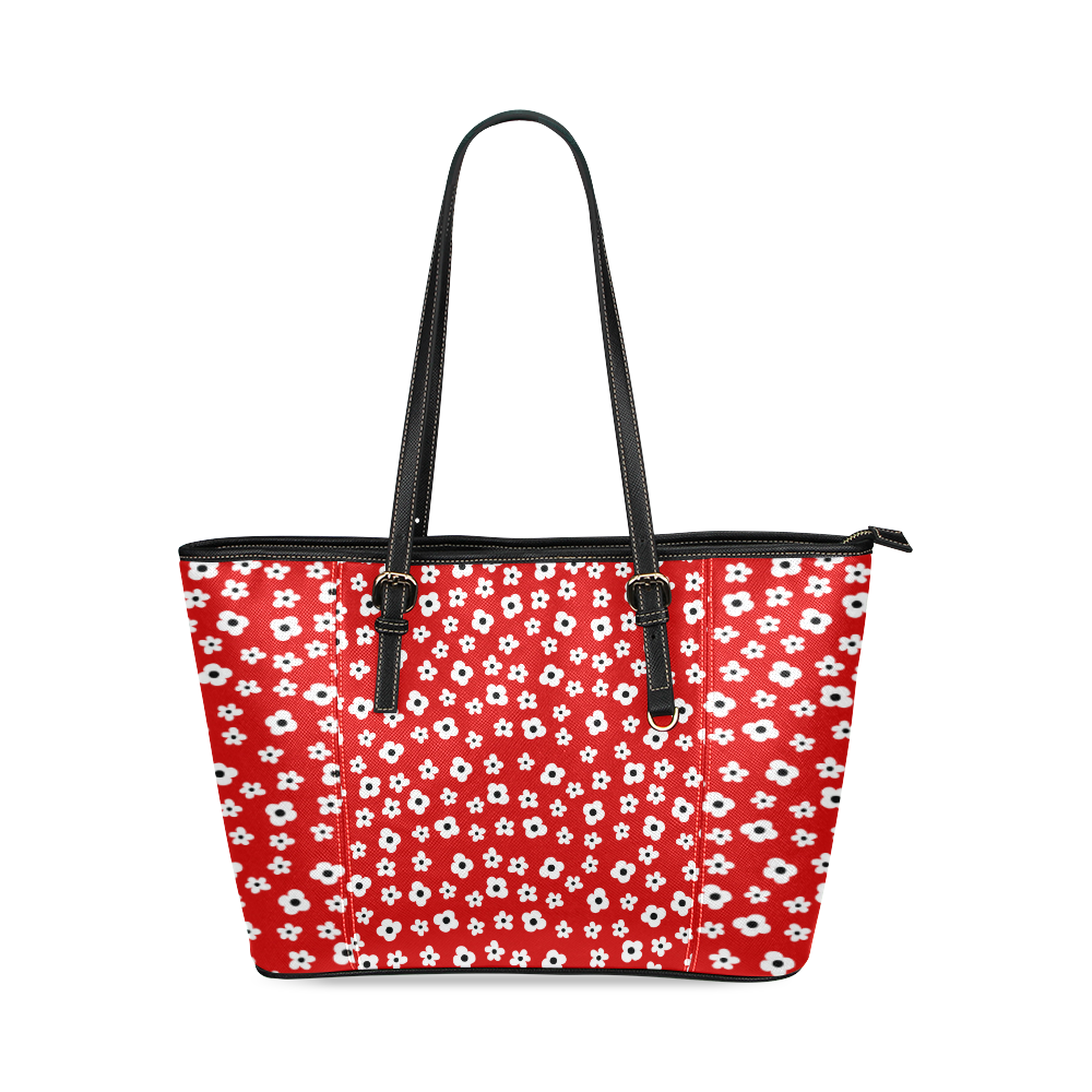 Red White Flower Floral Pattern Leather Tote Bag/Small (Model 1640)