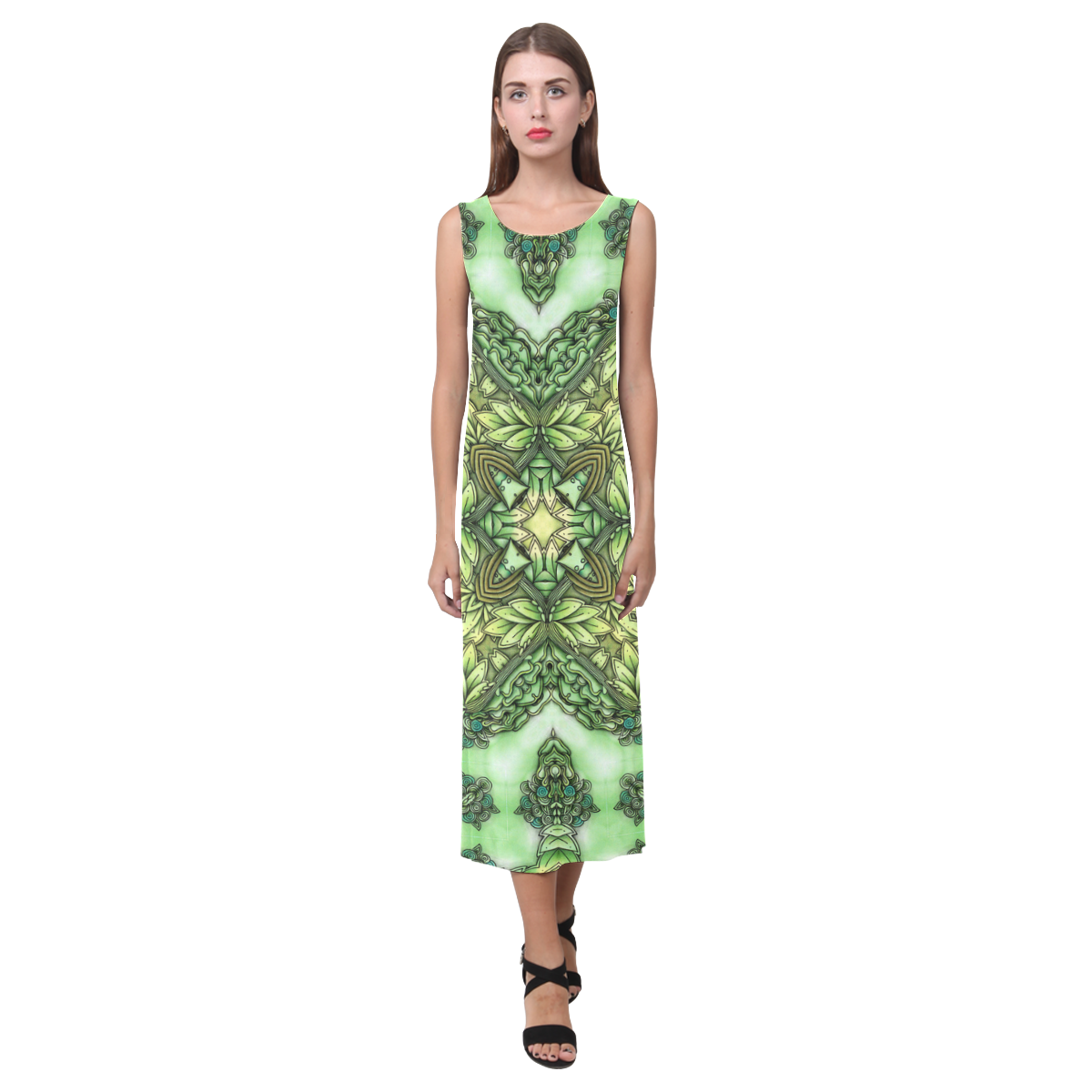 Mandy Green - Forest Garden pattern Phaedra Sleeveless Open Fork Long Dress (Model D08)