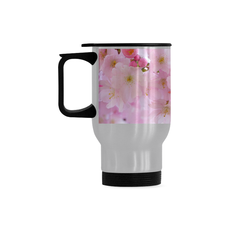 Beautiful Pink Japanese Cherry Tree Blossoms Travel Mug (Silver) (14 Oz)