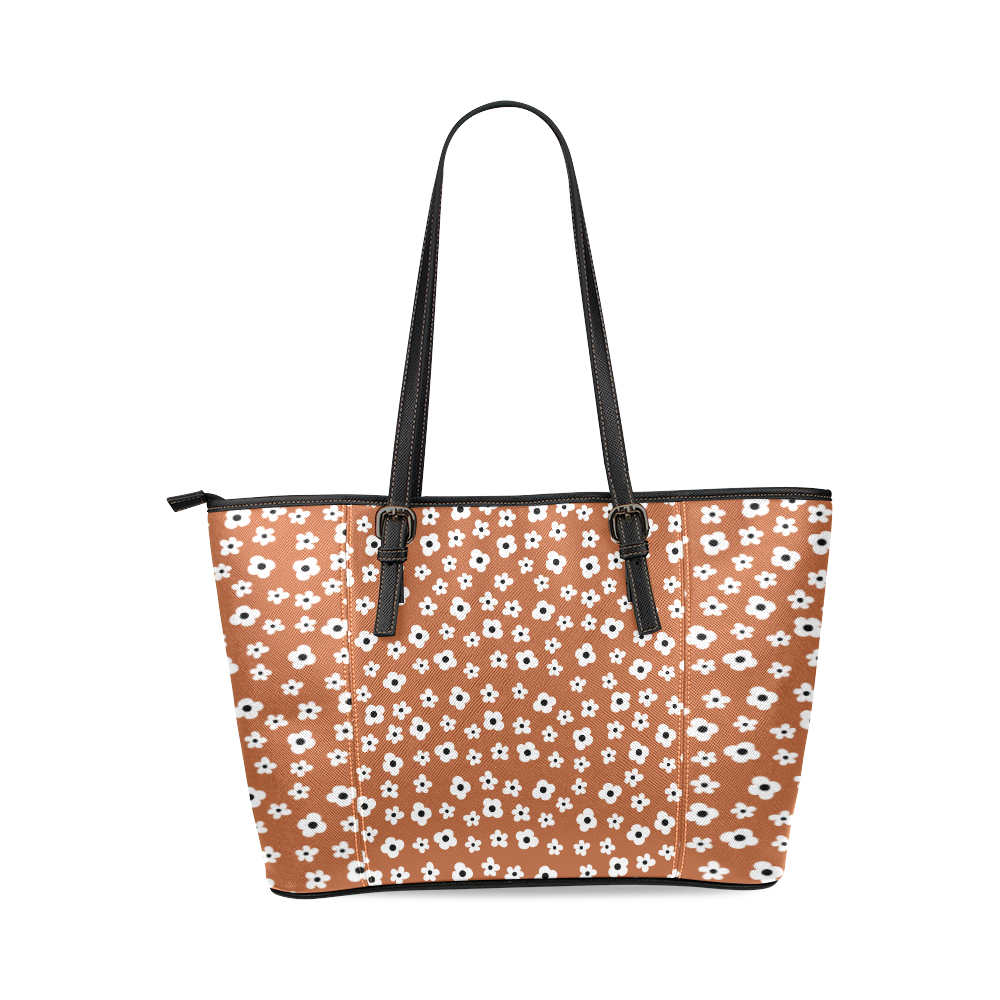 Chocolate Brown White Flower Floral Pattern Leather Tote Bag/Small (Model 1640)