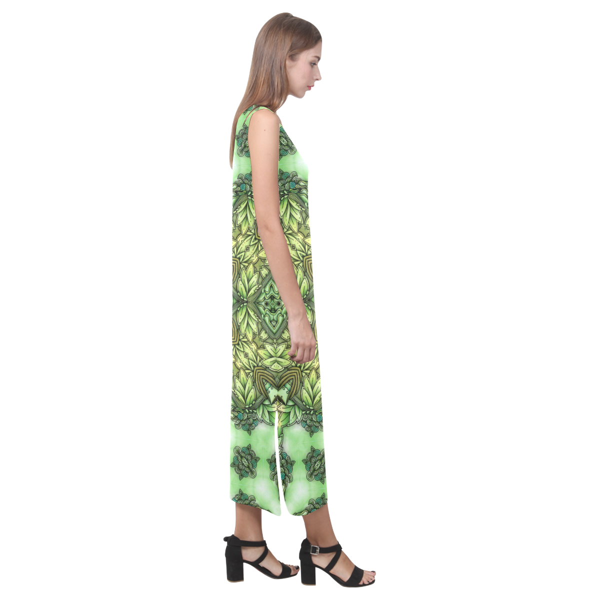 Mandy Green - Forest Garden pattern Phaedra Sleeveless Open Fork Long Dress (Model D08)