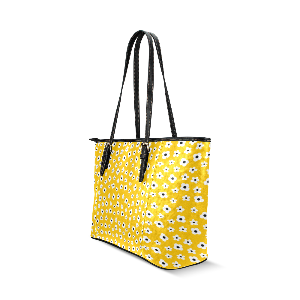 Yellow White Flower Floral Pattern Leather Tote Bag/Small (Model 1640)