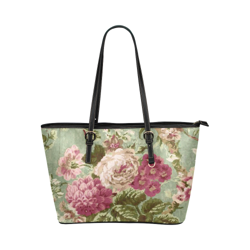 Beautiful Vintage Floral Wallpaper Leather Tote Bag/Large (Model 1651)