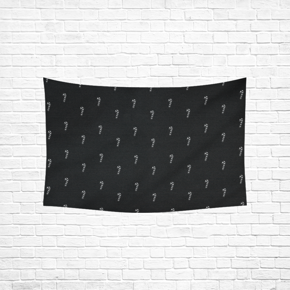 HOLIDAYS +: Silver Candycanes on Black Cotton Linen Wall Tapestry 60"x 40"