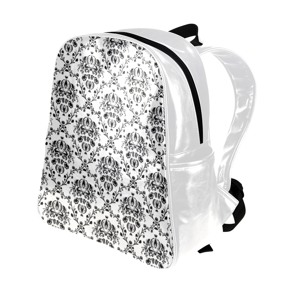 Elegant Vintage Look Black and White Damask Multi-Pockets Backpack (Model 1636)