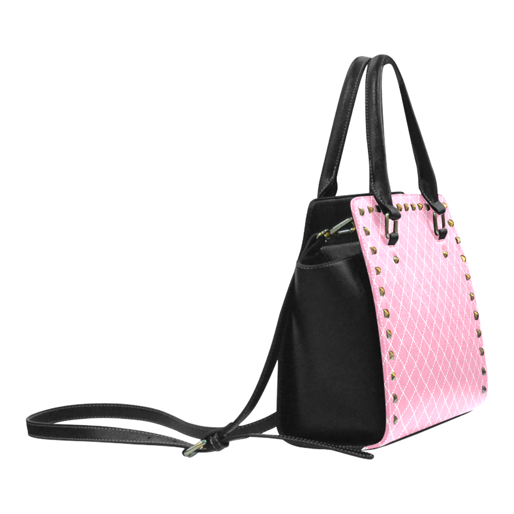Pink Diagonal Grid Rivet Shoulder Handbag (Model 1645)