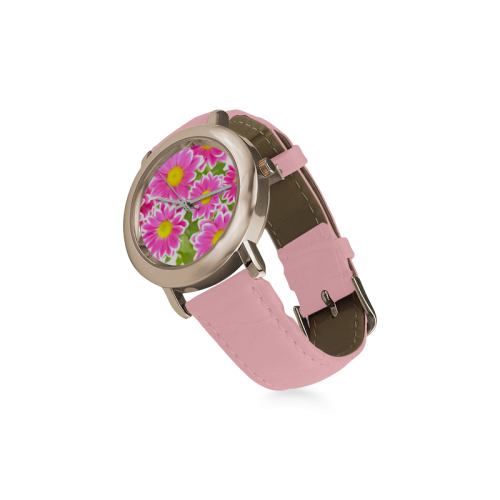 Asters Bouquet Pink White Flowers Women's Rose Gold Leather Strap Watch(Model 201)