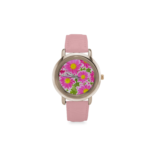 Asters Bouquet Pink White Flowers Women's Rose Gold Leather Strap Watch(Model 201)