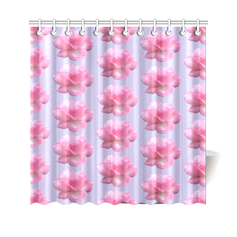 Pink Roses Pattern on Blue Shower Curtain 69"x70"