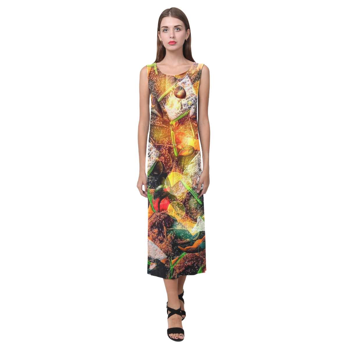 Mosaik by Nico Bielow (Original Painting) Phaedra Sleeveless Open Fork Long Dress (Model D08)