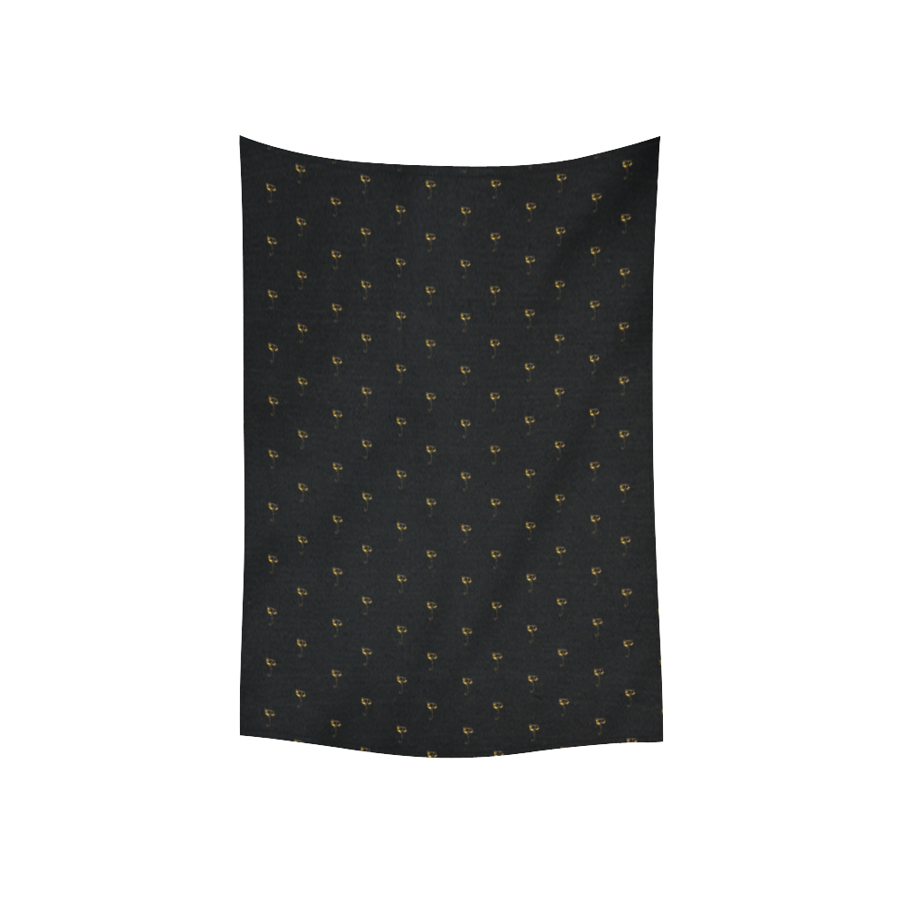 Golden Bells and Ribbons on Black Cotton Linen Wall Tapestry 40"x 60"