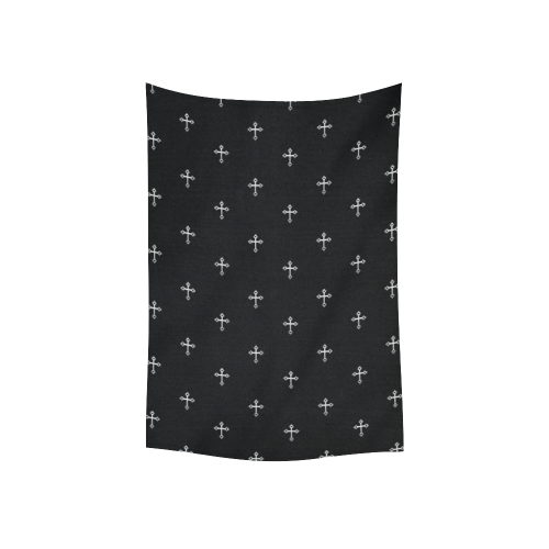 FAITH: Silver Crosses on Black Cotton Linen Wall Tapestry 40"x 60"