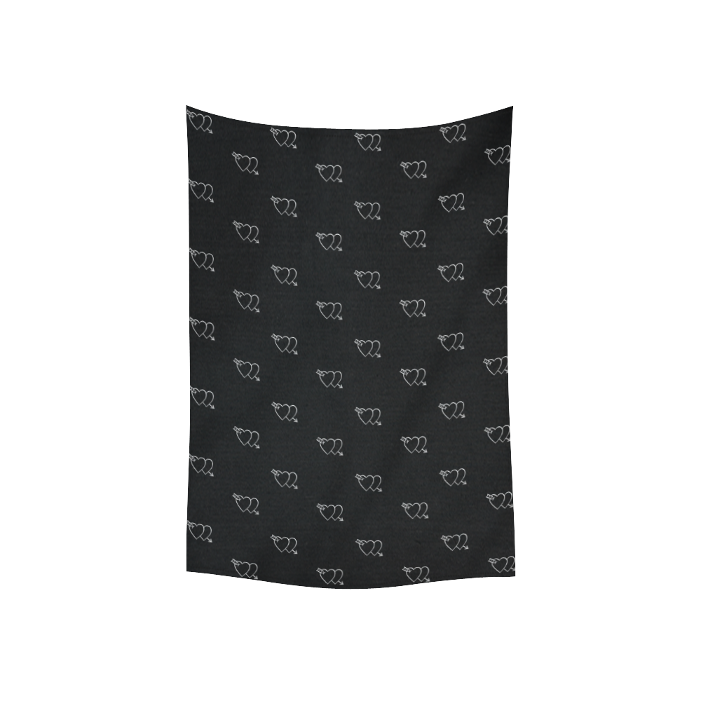 METALLICS: Silver Hearts on Black Cotton Linen Wall Tapestry 40"x 60"