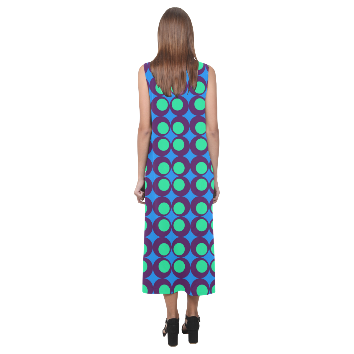 Vintage geometric circles Phaedra Sleeveless Open Fork Long Dress (Model D08)