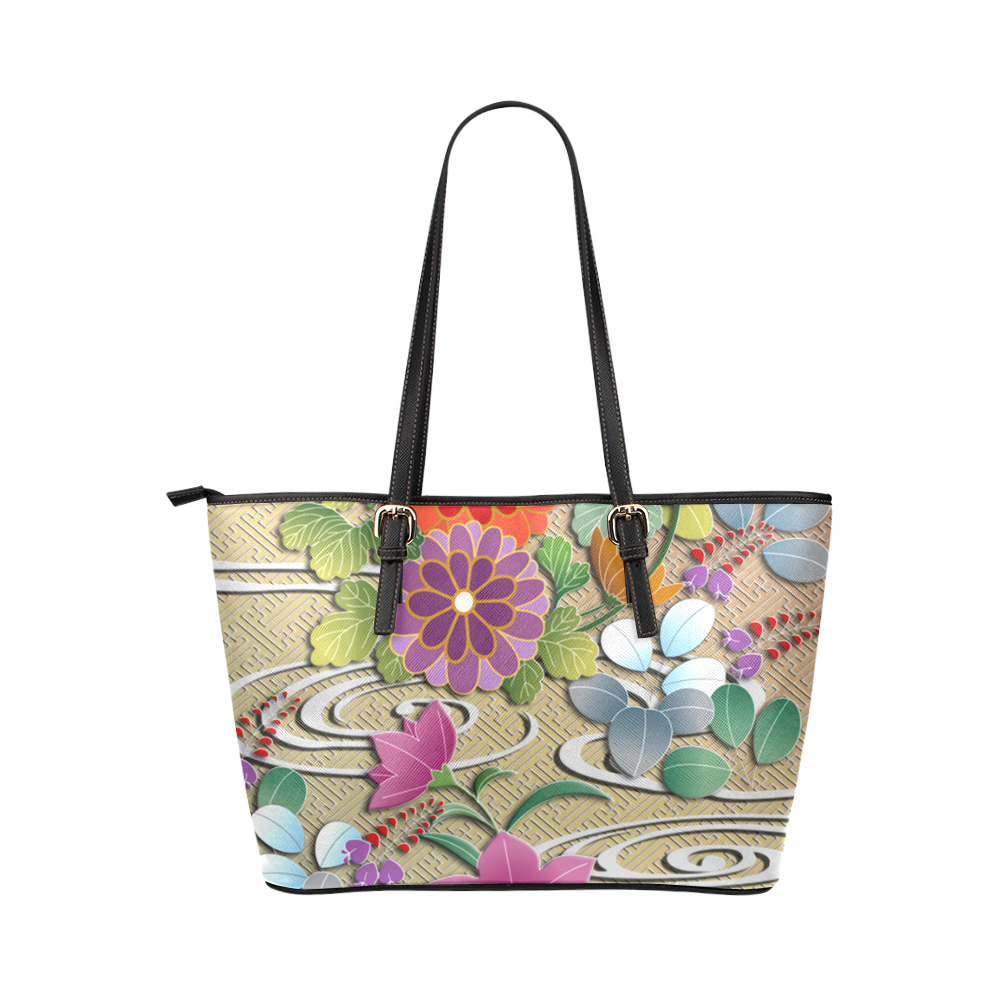 Autumn flowers and river swirls rich floral Japanese pattern Leather Tote Bag/Large (Model 1651)