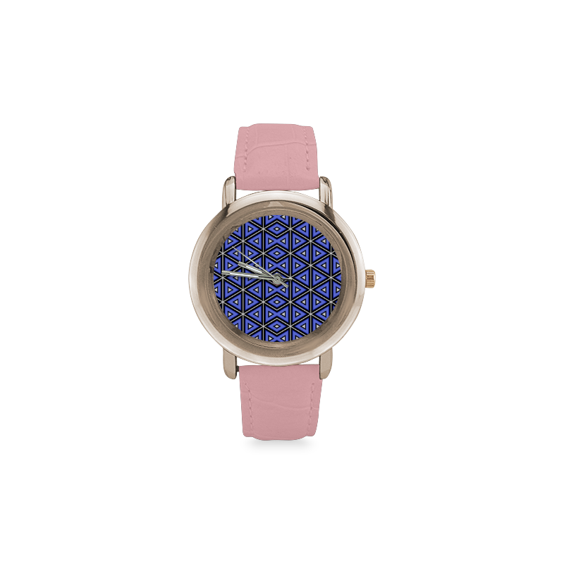 Techno blue triangles Women's Rose Gold Leather Strap Watch(Model 201)