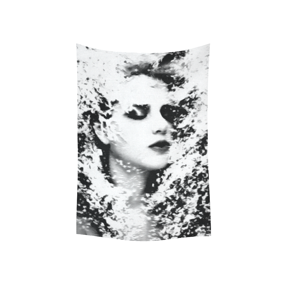 Dreaming Girl - Grunge Style Black White Cotton Linen Wall Tapestry 40"x 60"