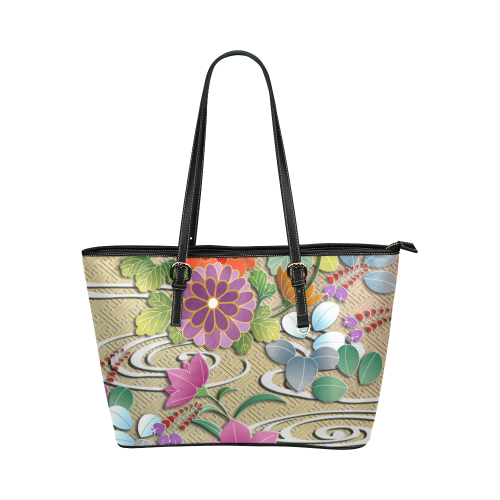 Autumn flowers and river swirls rich floral Japanese pattern Leather Tote Bag/Large (Model 1651)