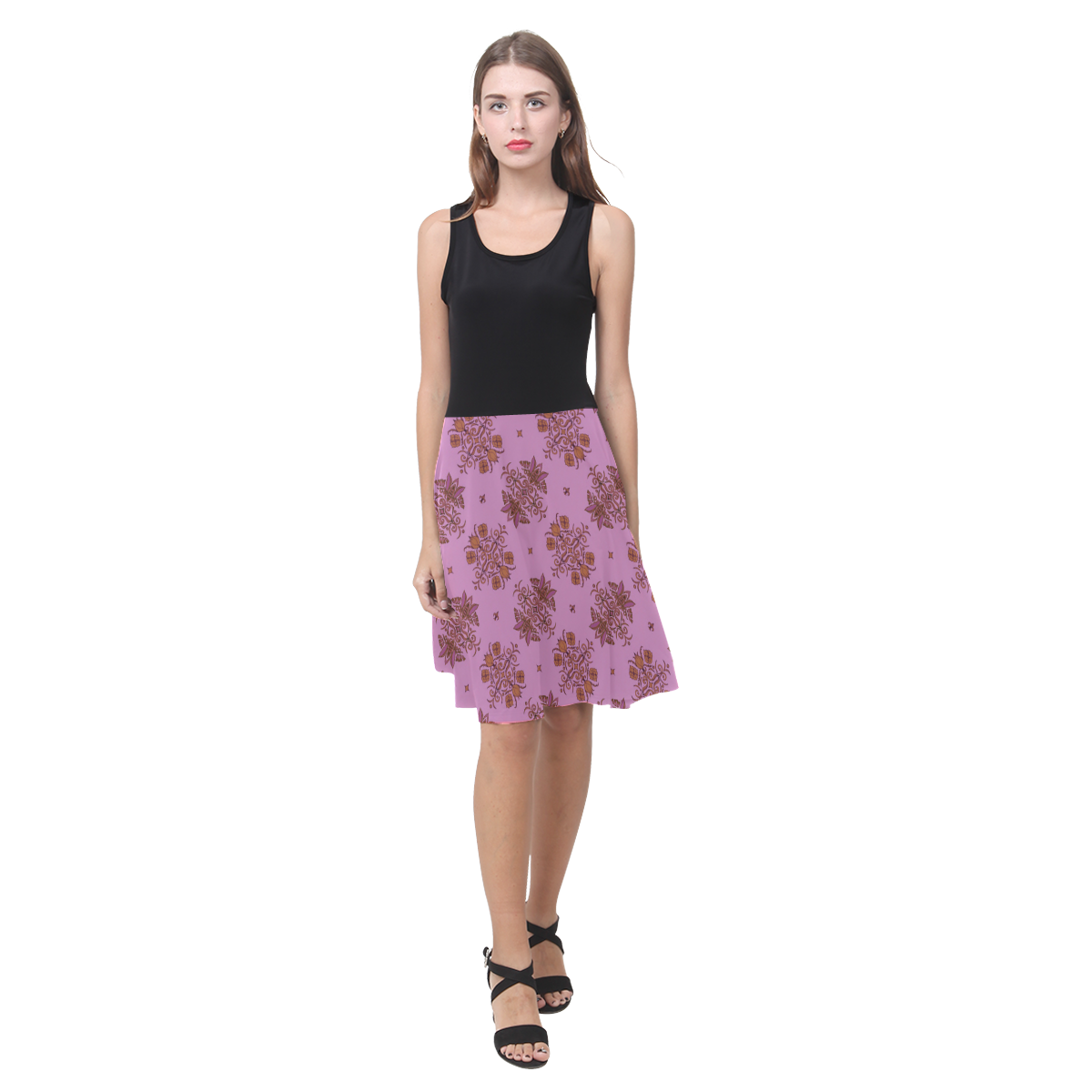 Rich Lavender and Gold Wall Flower Print with Black Bodice by Aleta Atalanta Casual Sundress(Model D04)