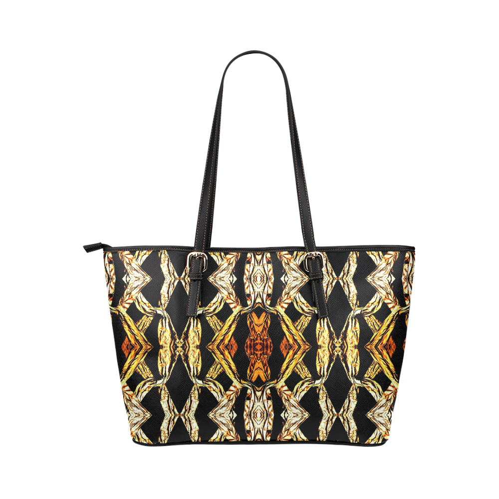 Elegant Oriental Pattern Black Gold Leather Tote Bag/Large (Model 1651)