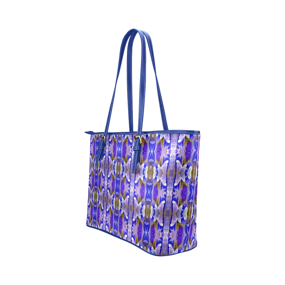 Blue White Abstract Flower Pattern Leather Tote Bag/Small (Model 1651)