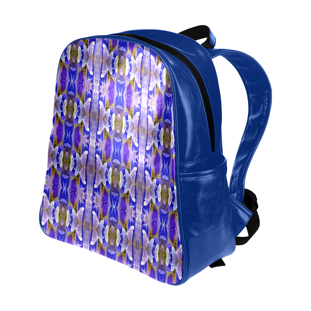 Blue White Abstract Flower Pattern Multi-Pockets Backpack (Model 1636)