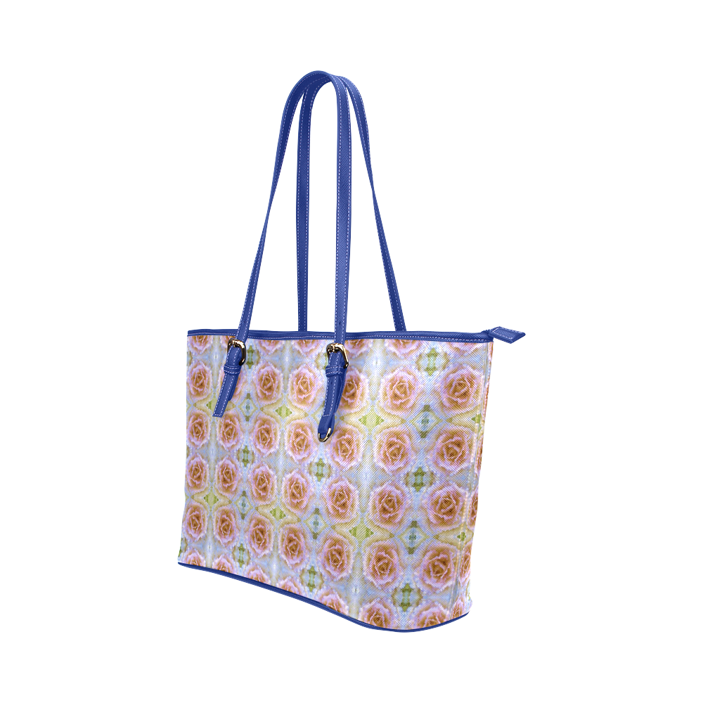 Pink Light Blue Pastel Flowers Leather Tote Bag/Large (Model 1651)