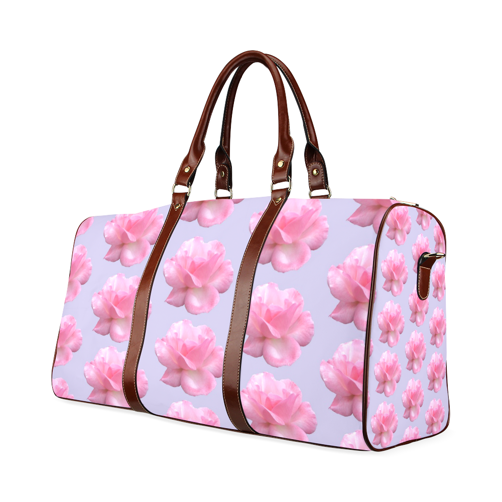 Pink Roses Pattern on Blue Waterproof Travel Bag/Large (Model 1639)