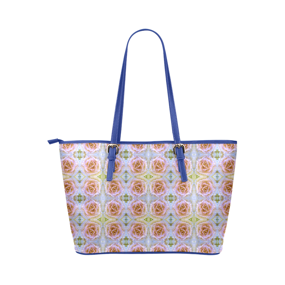 Pink Light Blue Pastel Flowers Leather Tote Bag/Large (Model 1651)