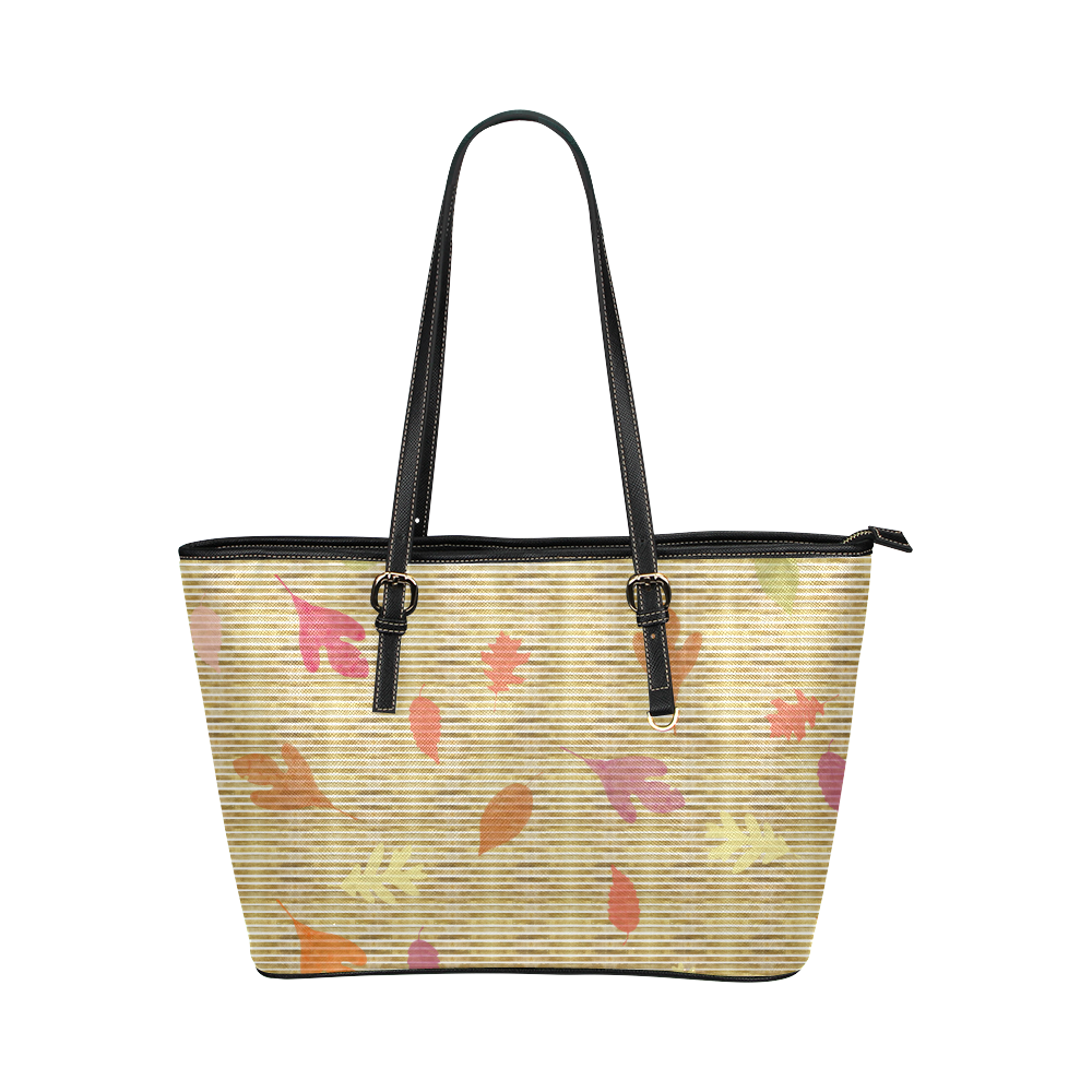 Golden Stripes with Colorful Leafs Leather Tote Bag/Small (Model 1651)
