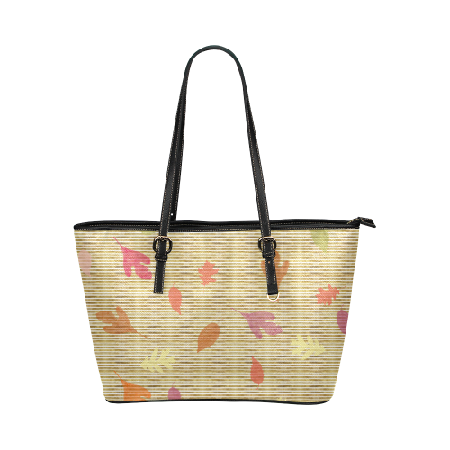 Golden Stripes with Colorful Leafs Leather Tote Bag/Small (Model 1651)
