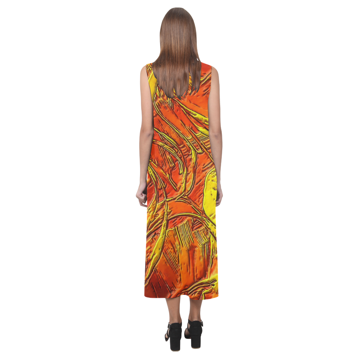 Orange Dschungle (Self paint) by Nico Bielow Phaedra Sleeveless Open Fork Long Dress (Model D08)