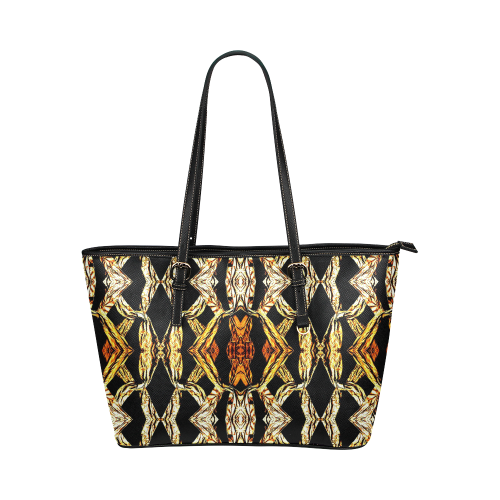 Elegant Oriental Pattern Black Gold Leather Tote Bag/Large (Model 1651)