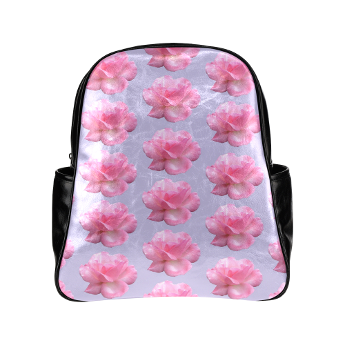Pink Roses Pattern on Blue Multi-Pockets Backpack (Model 1636)